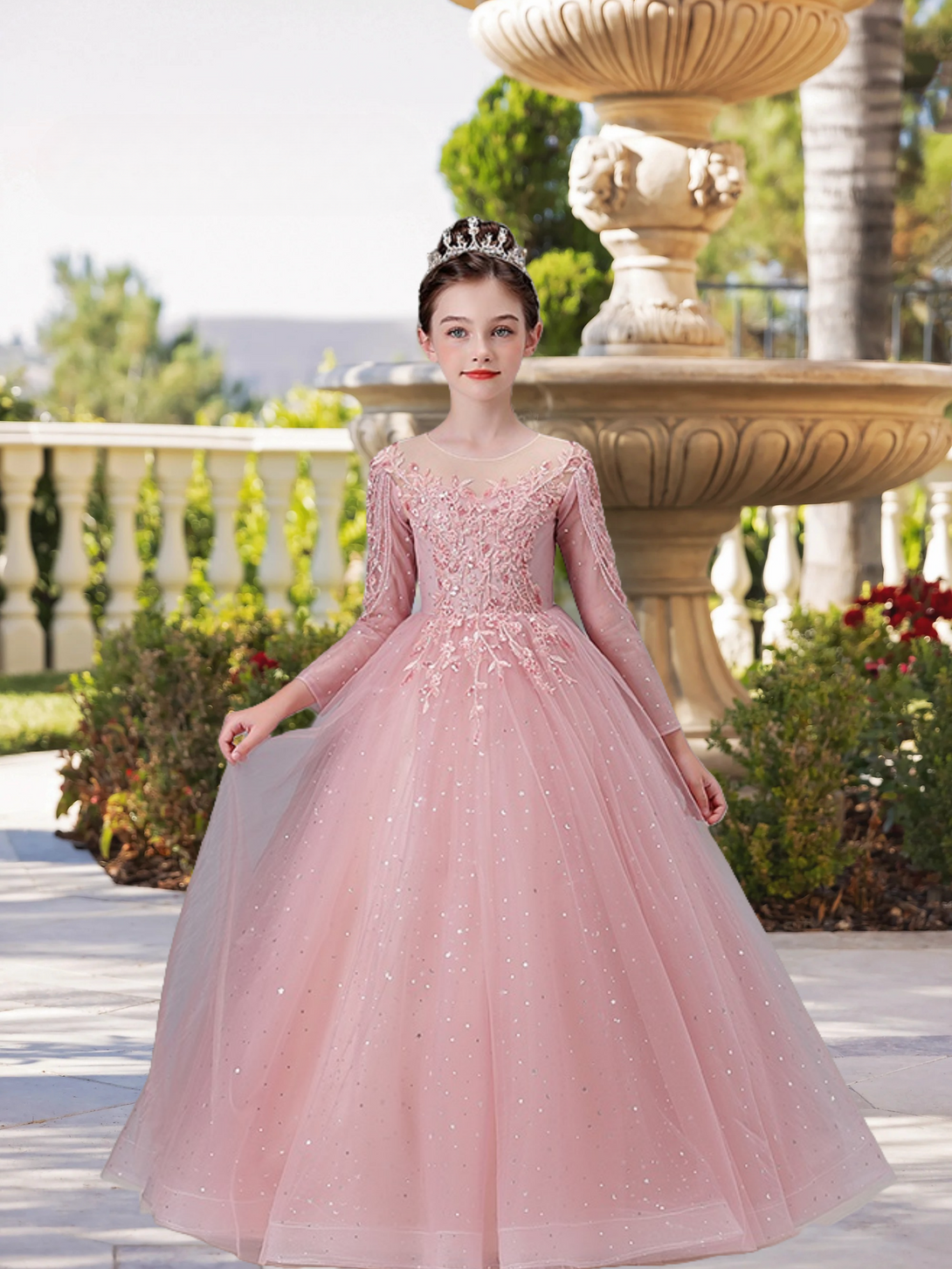 Exquisite Scoop Neck Long Sleeve Flower Girl Dress Floor-Length Lace/Printed Tulle Ball Gown/Princess With Beads/Appliques Gidiondress