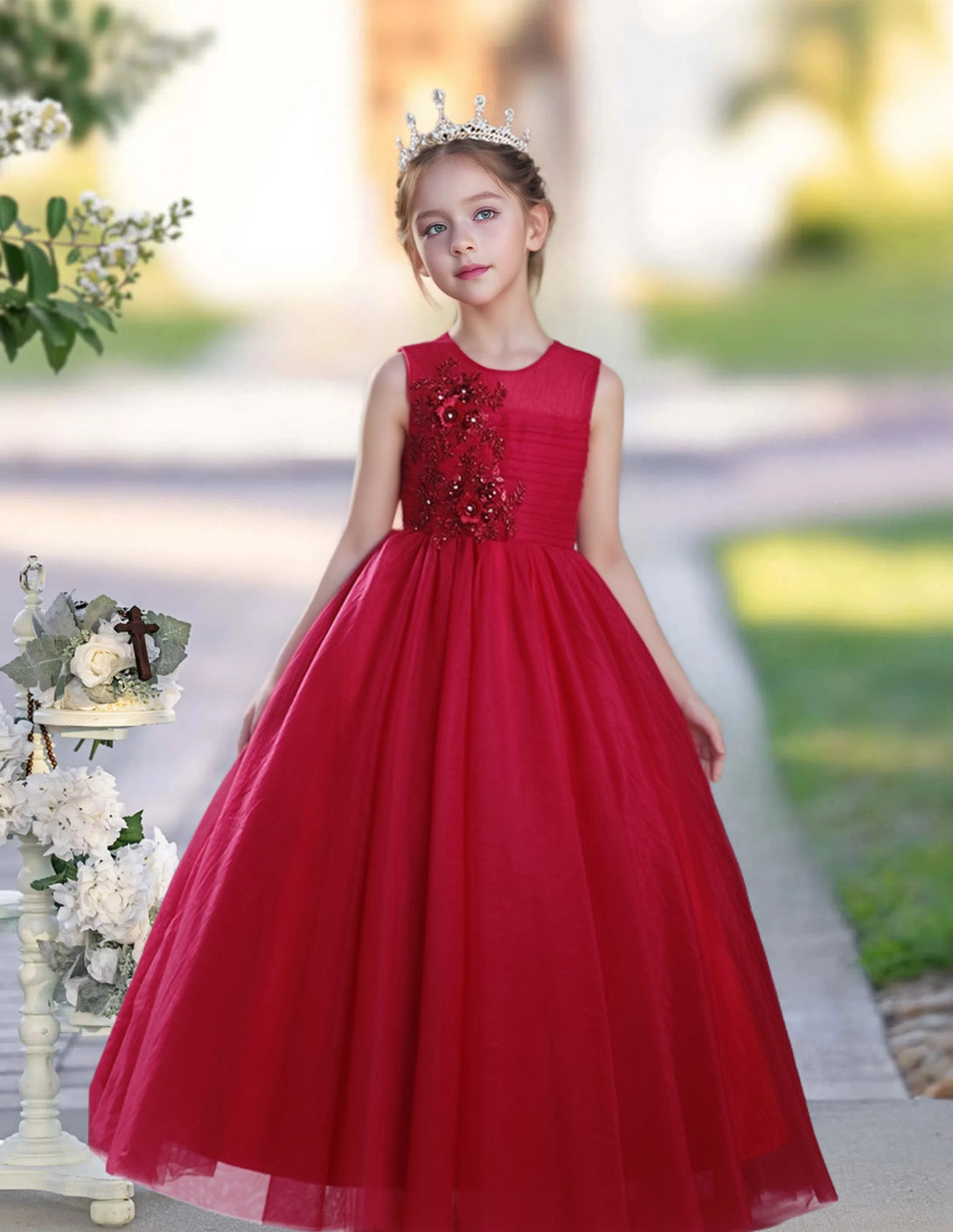 Girls Birthday Dresses Scoop Neck Sleeveless Floor-Length Tulle Ball Gown With Pleated/3D Flower Girls Gidiondress