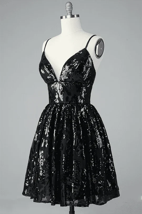 A-line V Neck Lace-up Back Sequins-embroidered Mini Dress BabaMila