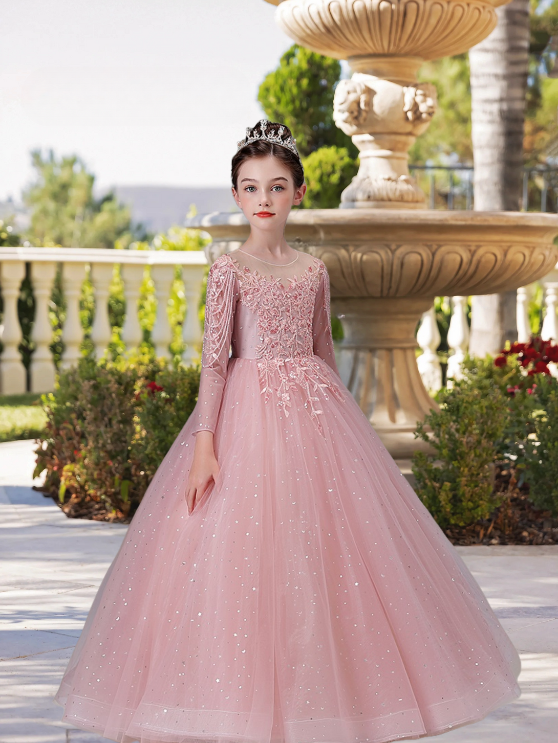 Exquisite Scoop Neck Long Sleeve Flower Girl Dress Floor-Length Lace/Printed Tulle Ball Gown/Princess With Beads/Appliques Gidiondress