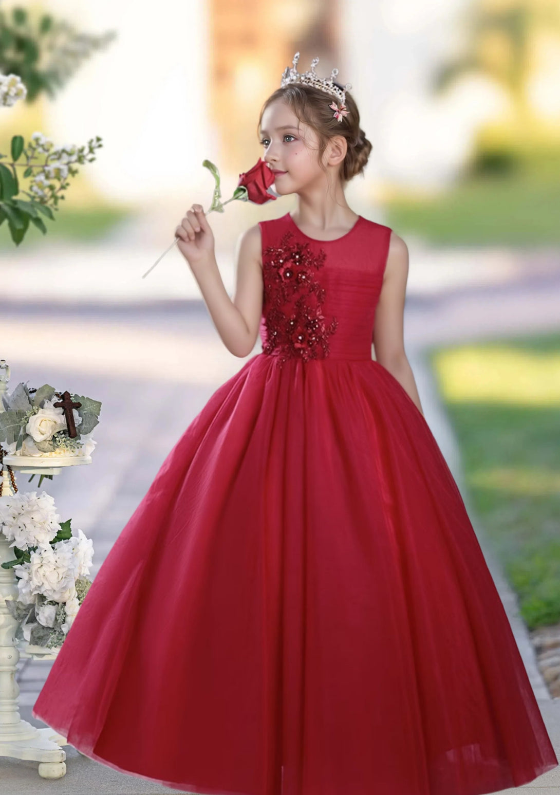 Girls Birthday Dresses Scoop Neck Sleeveless Floor-Length Tulle Ball Gown With Pleated/3D Flower Girls Gidiondress