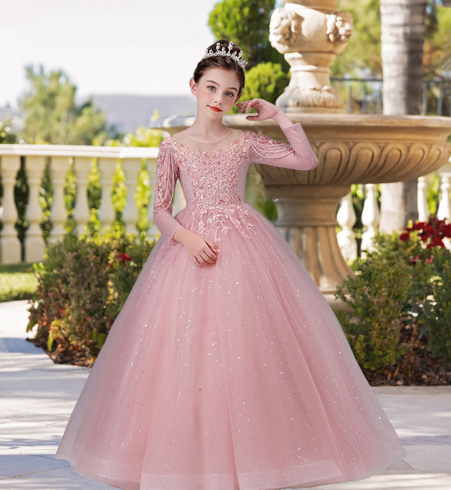 Exquisite Scoop Neck Long Sleeve Flower Girl Dress Floor-Length Lace/Printed Tulle Ball Gown/Princess With Beads/Appliques Gidiondress Dusty Rose 12M