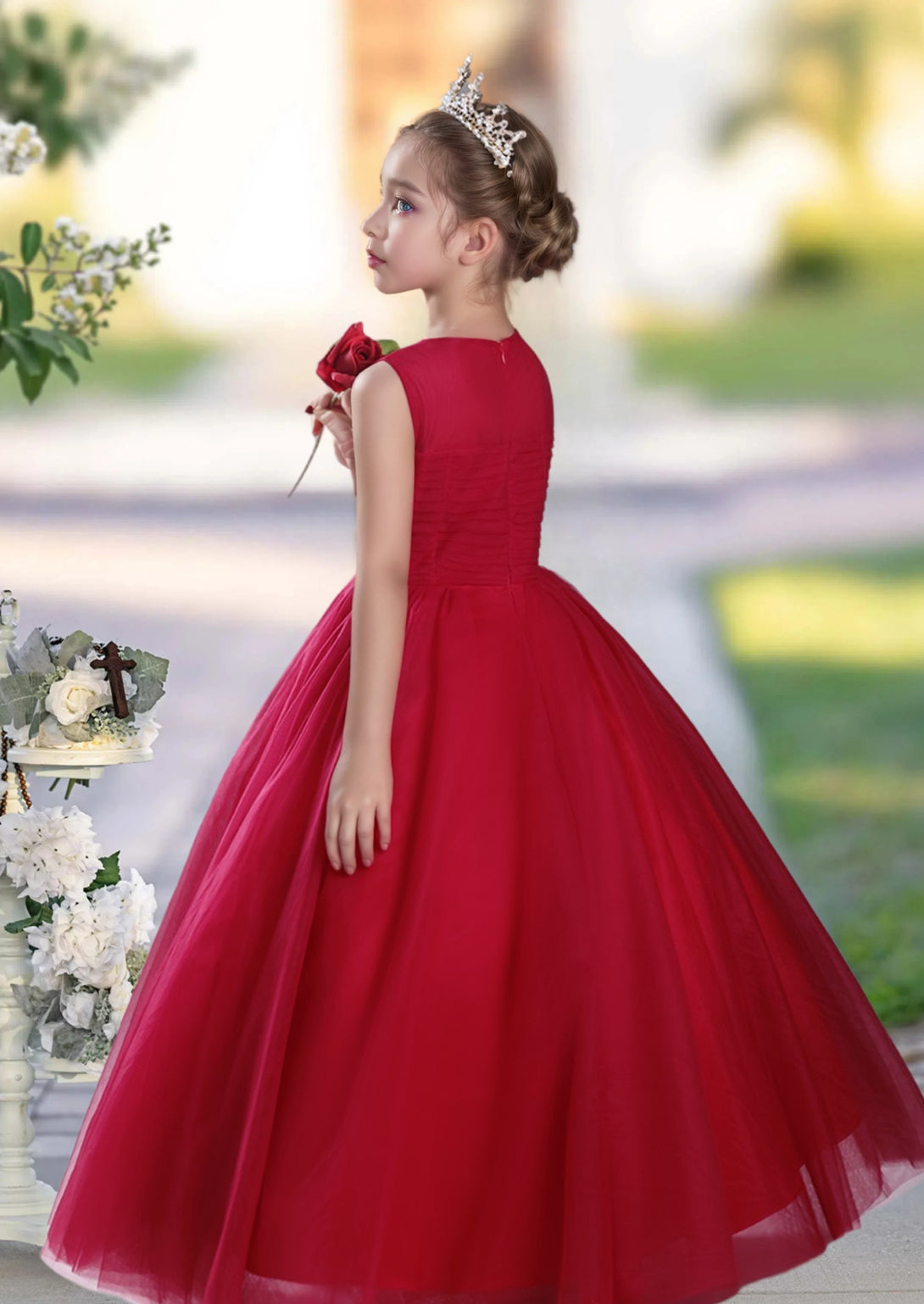 Girls Birthday Dresses Scoop Neck Sleeveless Floor-Length Tulle Ball Gown With Pleated/3D Flower Girls Gidiondress