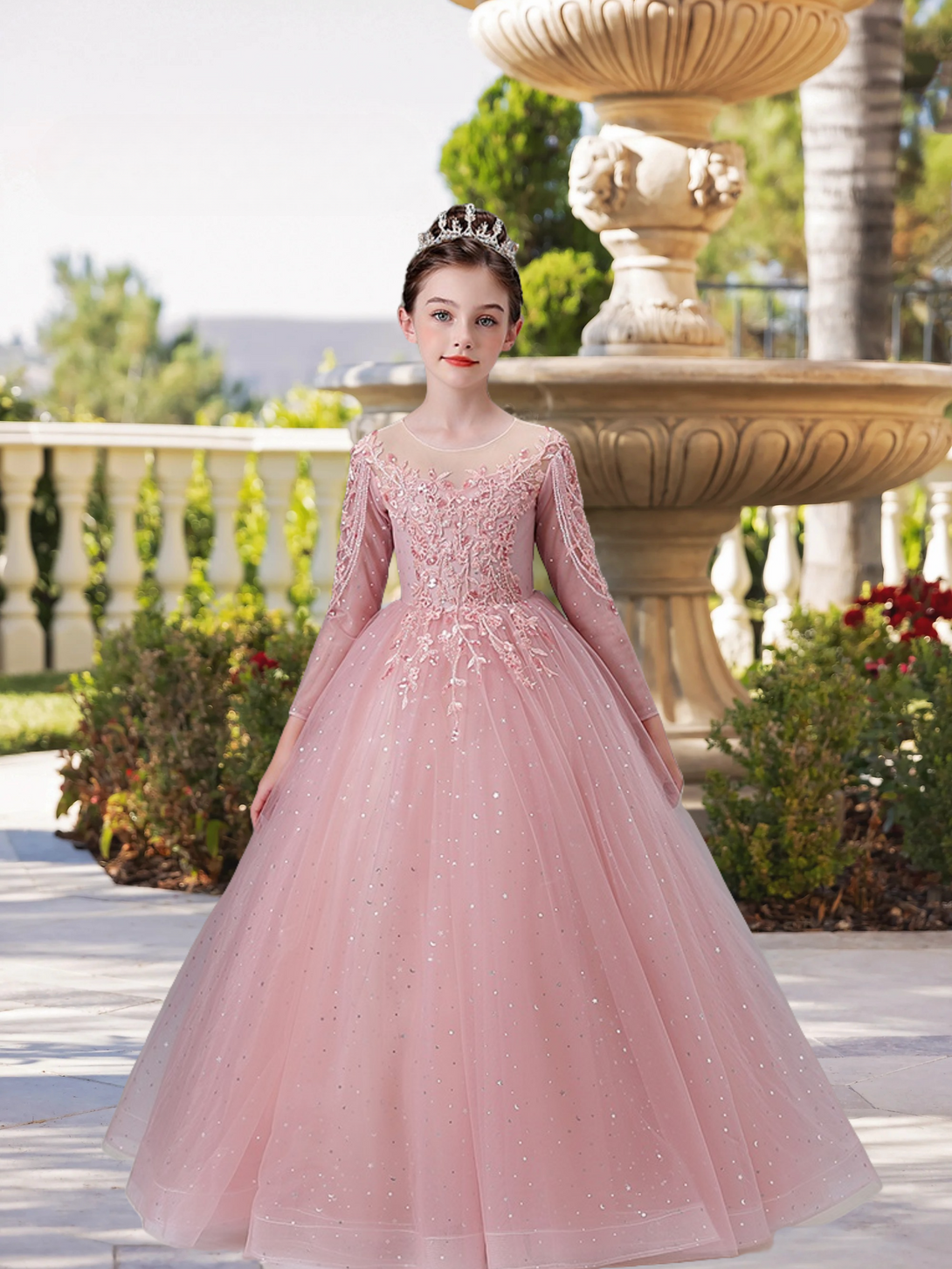 Exquisite Scoop Neck Long Sleeve Flower Girl Dress Floor-Length Lace/Printed Tulle Ball Gown/Princess With Beads/Appliques Gidiondress