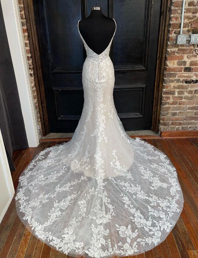Mermaid V Neck Ivory Lace Wedding Dresses BabaMila