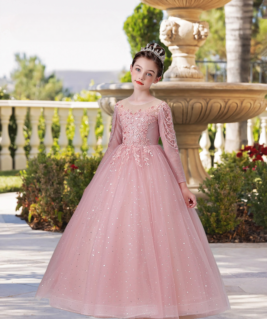 Exquisite Scoop Neck Long Sleeve Flower Girl Dress Floor-Length Lace/Printed Tulle Ball Gown/Princess With Beads/Appliques Gidiondress