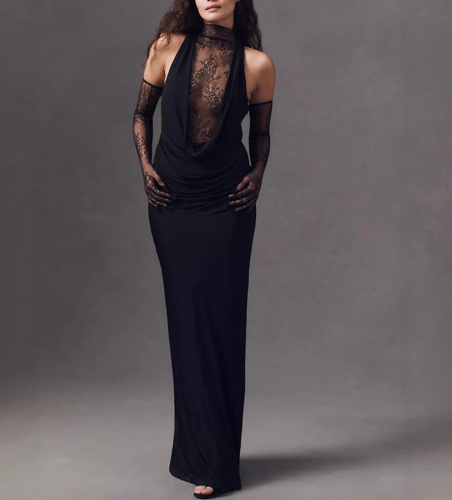 Sheath/Column Halter Lace Vintage Costumes Sleeveless Party Dresses Floor-Length Stretch Satin BabaMila