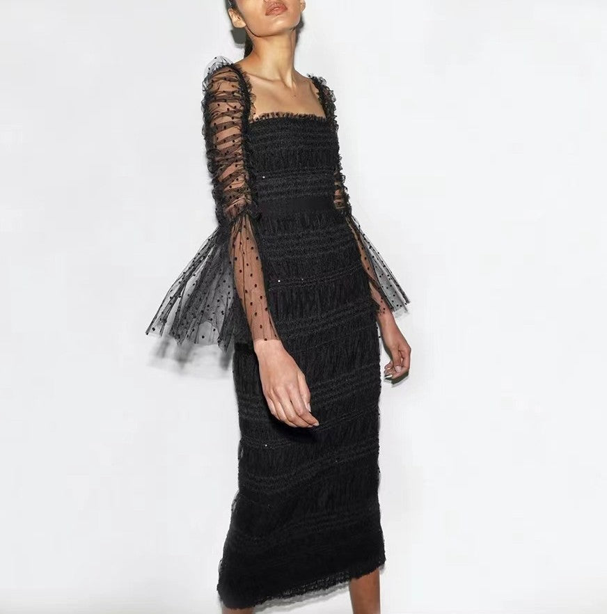 Sheath/Column Square Collar Cocktail Party Dresses Tulle Long Sleeves Little Black Dresses Tea-Length BabaMila