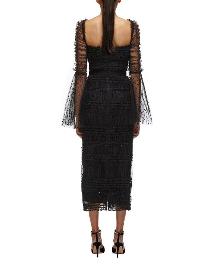 Sheath/Column Square Collar Cocktail Party Dresses Tulle Long Sleeves Little Black Dresses Tea-Length BabaMila