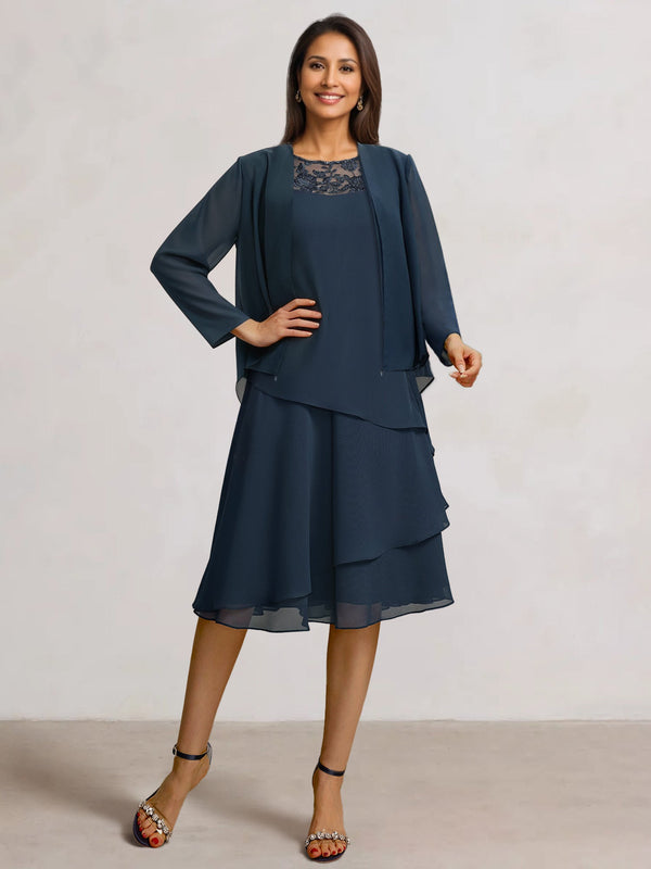 2 Pieces A-Line Scoop Chiffon Mother Of The Bride Dresses Sleeveless Knee-Length With Ruffles BabaMila