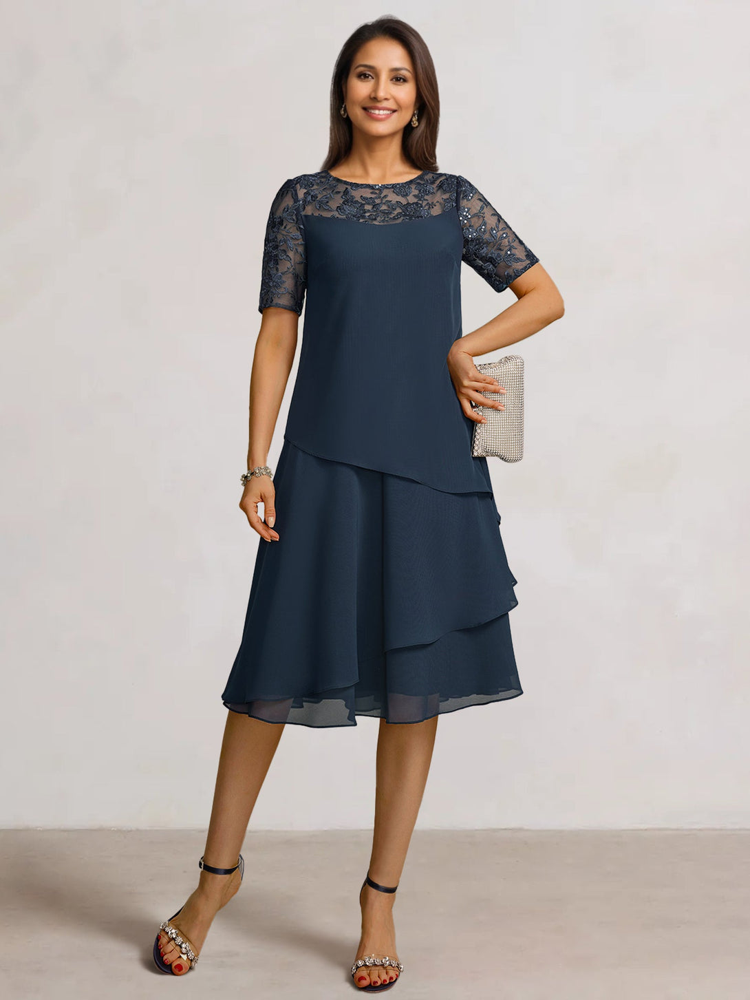 2 Pieces A-Line Scoop Chiffon Mother Of The Bride Dresses Sleeveless Knee-Length With Ruffles BabaMila