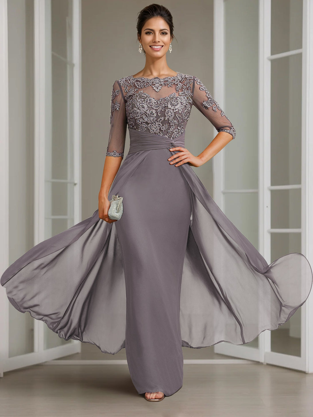 Sheath/Column Scoop Chiffon Lace Mother Of The Bride Dresses Half Sleeves Floor-Length With Appliques BabaMila