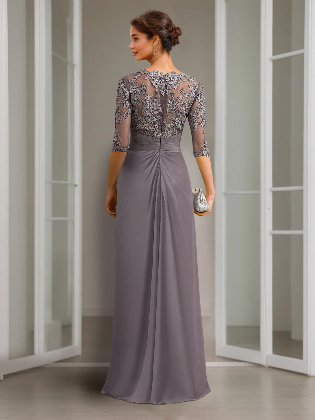 Sheath/Column Scoop Chiffon Lace Mother Of The Bride Dresses Half Sleeves Floor-Length With Appliques BabaMila