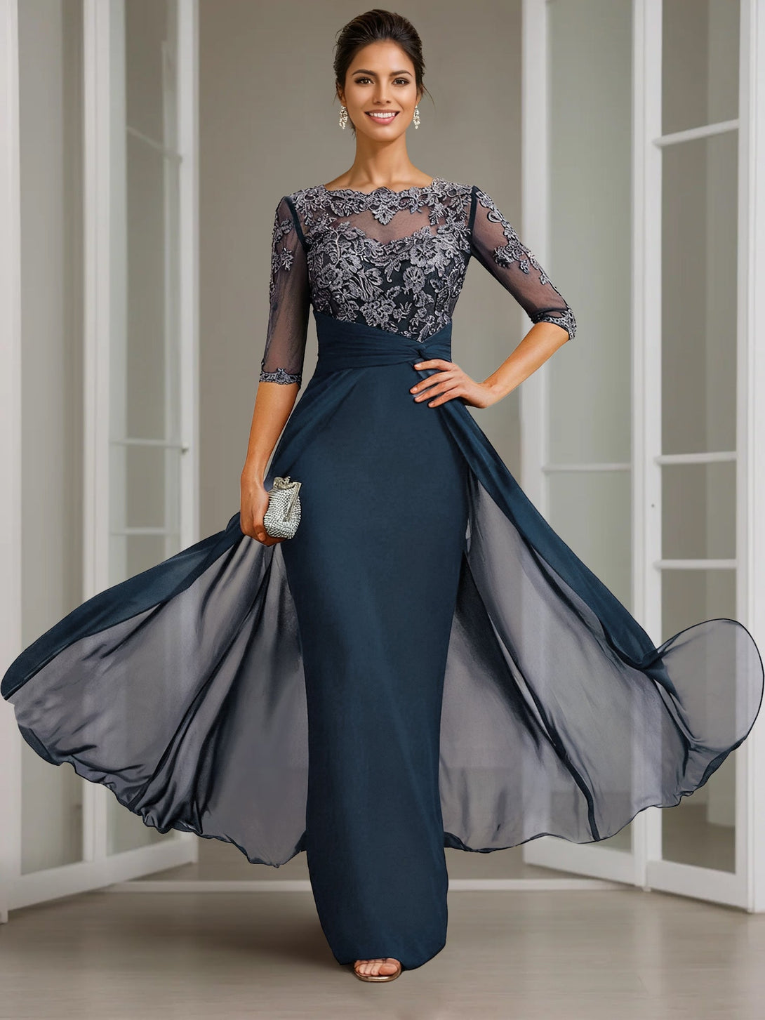 Sheath/Column Scoop Chiffon Lace Mother Of The Bride Dresses Half Sleeves Floor-Length With Appliques BabaMila