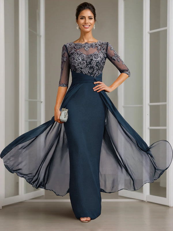 Sheath/Column Scoop Chiffon Lace Mother Of The Bride Dresses Half Sleeves Floor-Length With Appliques BabaMila