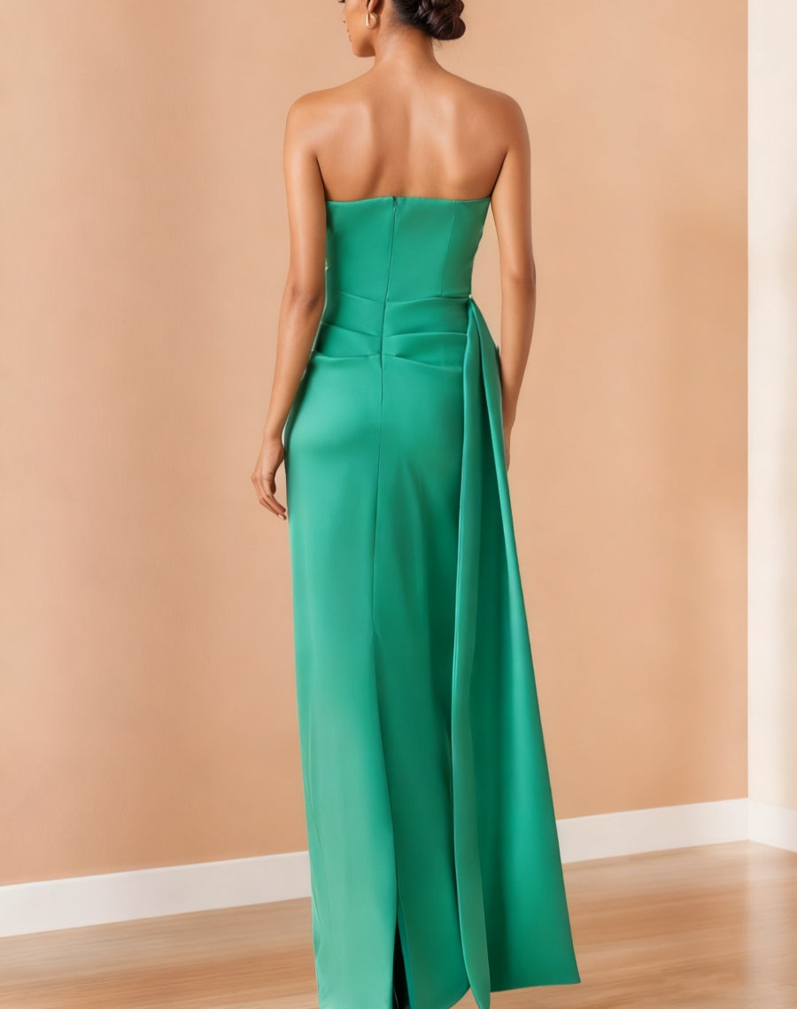 Sheath/Column Sleeveless Floor-Length Strapless Evening Dresses Side Bow Gown Party Dresses Satin BabaMila