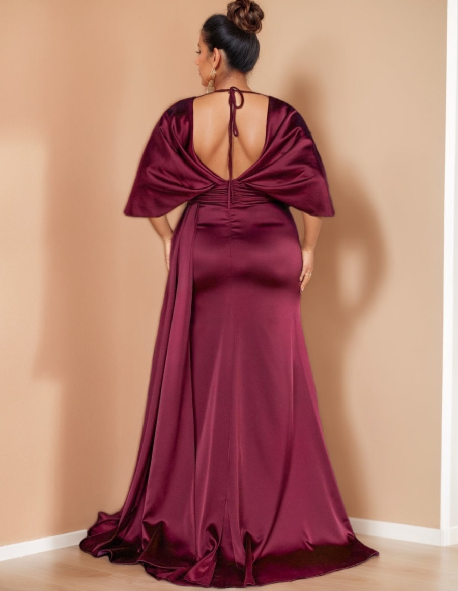 Sheath/Column V-Neck 1/2 Sleeves Mother Of The Bride Dresses With Split Front Backless Satin BabaMila