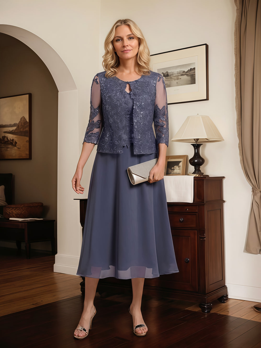 V-Neck 3/4 Sleeve A-Line Tea-Length Lace/Chiffon Mother of the Bride Dress With Jacket/Appliques/Sequins BabaMila