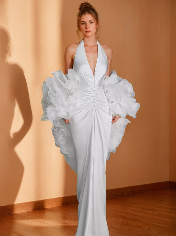 Retro Trumpet/Mermaid Halter Sleeveless White Wedding Dresses with Pearl & Pleats BabaMila