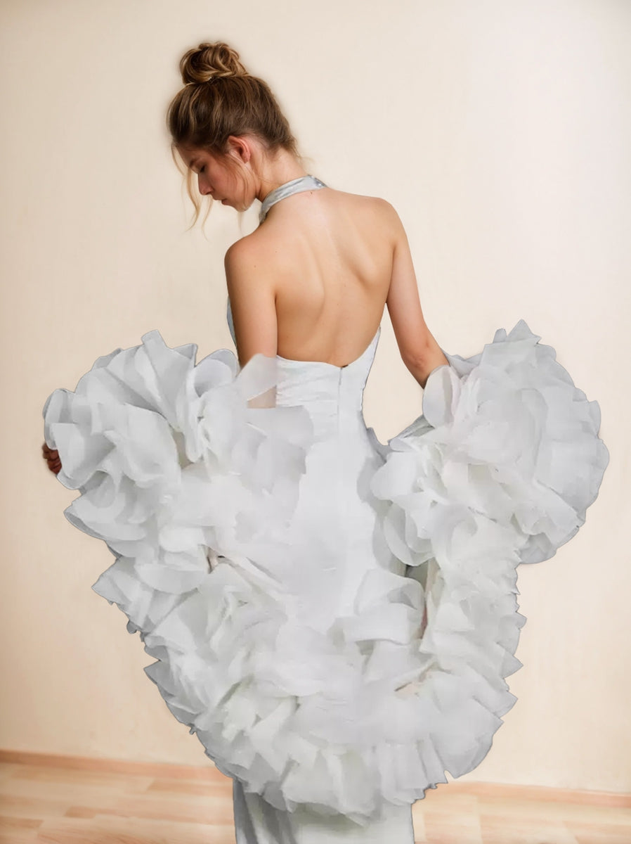 Retro Trumpet/Mermaid Halter Sleeveless White Wedding Dresses with Pearl & Pleats BabaMila