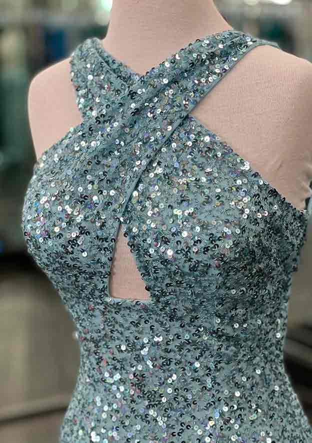 Sheath/Column Halter Floor-length/Sweep Train Sequins Prom Dresses With Split Side BabaMila