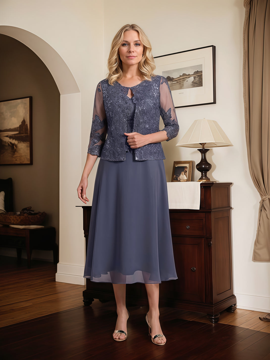 V-Neck 3/4 Sleeve A-Line Tea-Length Lace/Chiffon Mother of the Bride Dress With Jacket/Appliques/Sequins BabaMila