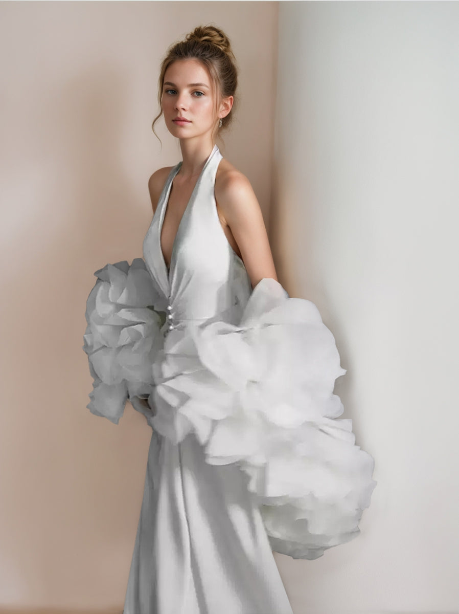 Retro Trumpet/Mermaid Halter Sleeveless White Wedding Dresses with Pearl & Pleats BabaMila