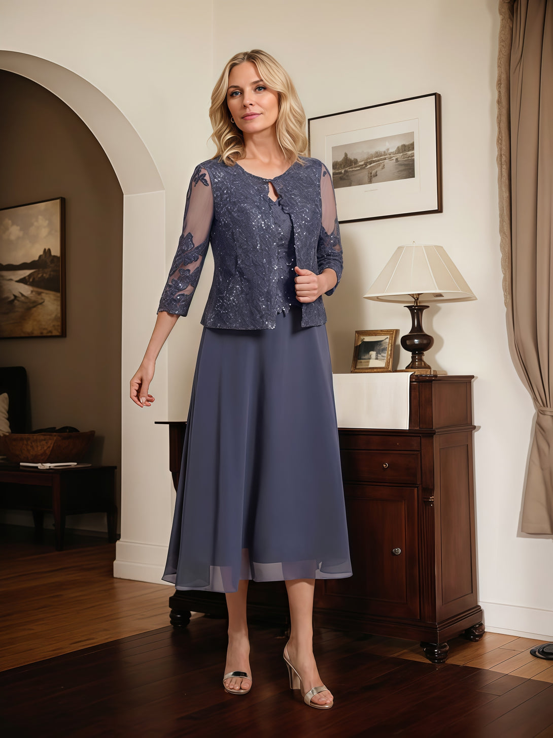 V-Neck 3/4 Sleeve A-Line Tea-Length Lace/Chiffon Mother of the Bride Dress With Jacket/Appliques/Sequins BabaMila