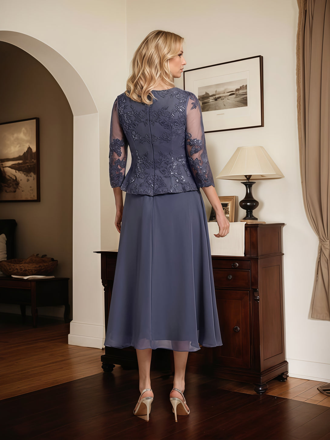 V-Neck 3/4 Sleeve A-Line Tea-Length Lace/Chiffon Mother of the Bride Dress With Jacket/Appliques/Sequins BabaMila