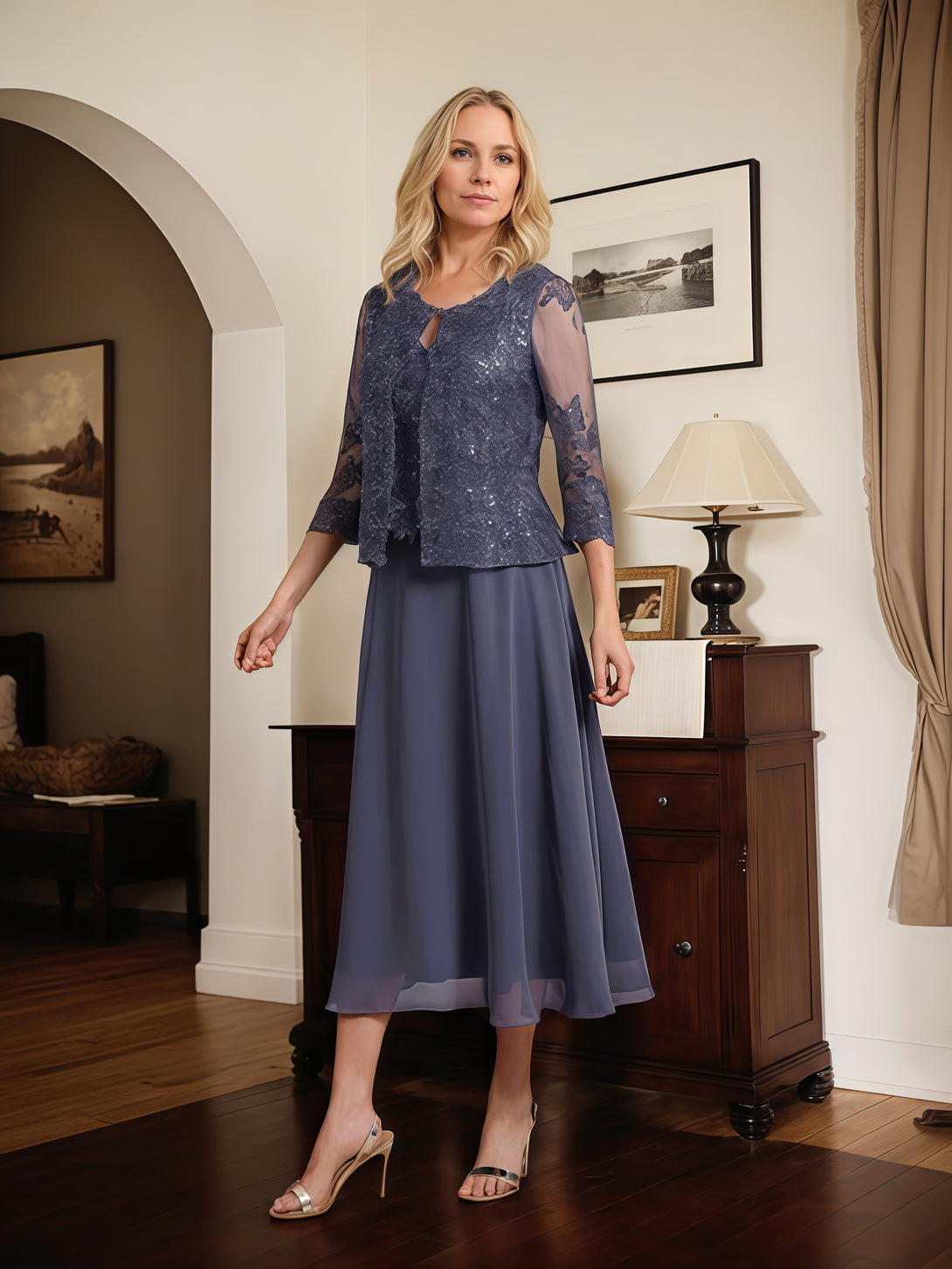 V-Neck 3/4 Sleeve A-Line Tea-Length Lace/Chiffon Mother of the Bride Dress With Jacket/Appliques/Sequins BabaMila
