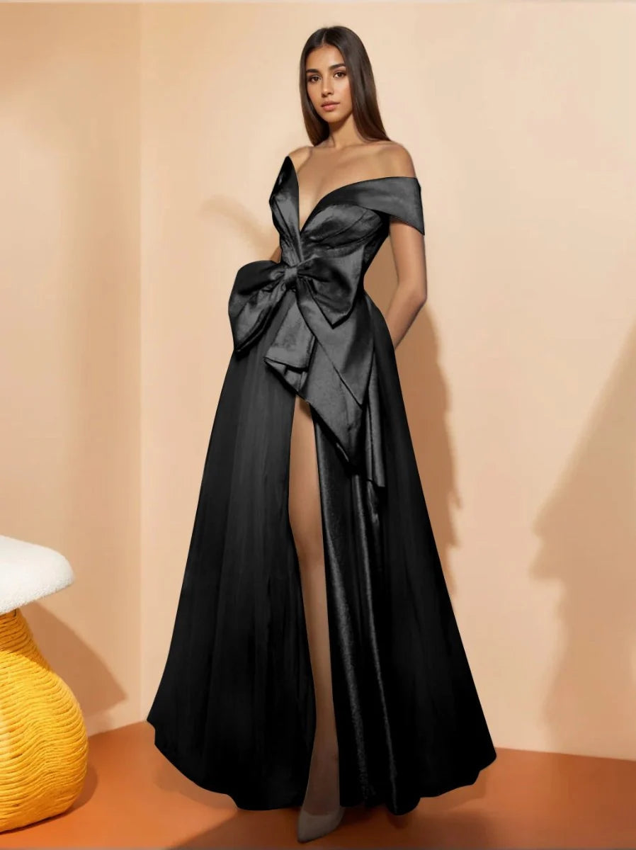 A-Line/Princess Sweetheart Off-the-Shoulder Sleeveless Floor-length Prom Evening Dresses with Split Slit & Bow BabaMila