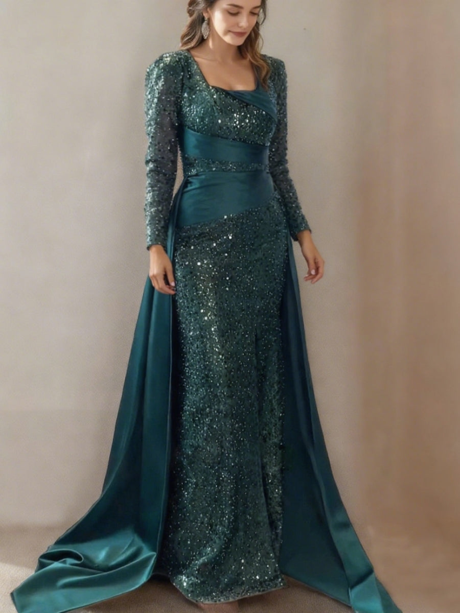 Sheath/Column Square Collar Long Sleeves Sequins Evening Dresses Satin Party Dresses With Split Front BabaMila