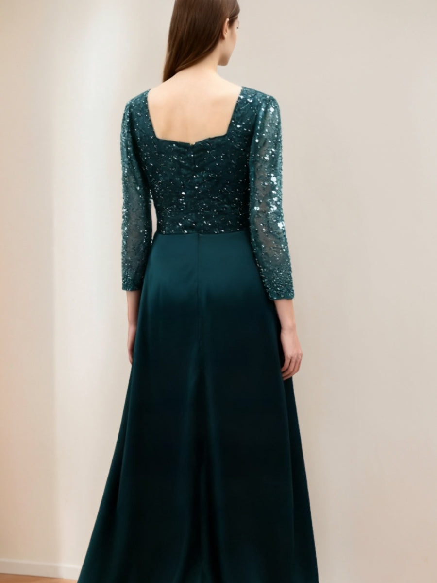 Sheath/Column Square Collar Long Sleeves Sequins Evening Dresses Satin Party Dresses With Split Front BabaMila