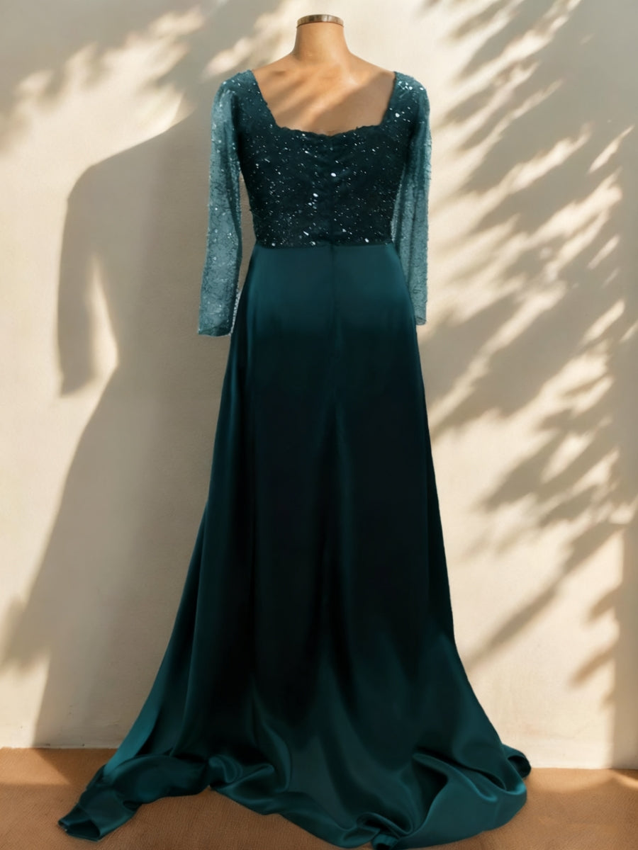 Sheath/Column Square Collar Long Sleeves Sequins Evening Dresses Satin Party Dresses With Split Front BabaMila