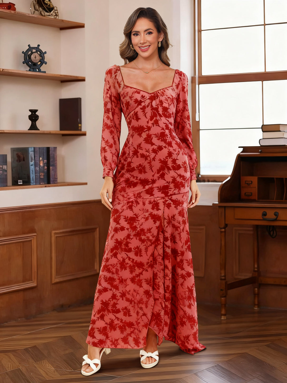 A-Line/Princess Square Collar Wedding Guest Dresses Long Sleeves Floor-Length With Pleated BabaMila