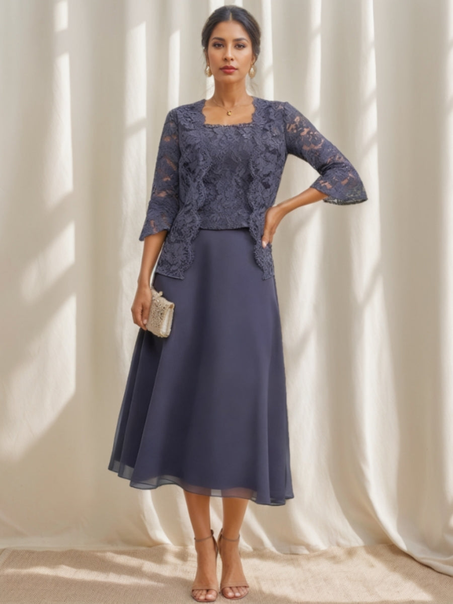 A-Line/Princess Half Sleeves Tea-Length Mother Of The Bride Dresses With Jacket Lace BabaMila