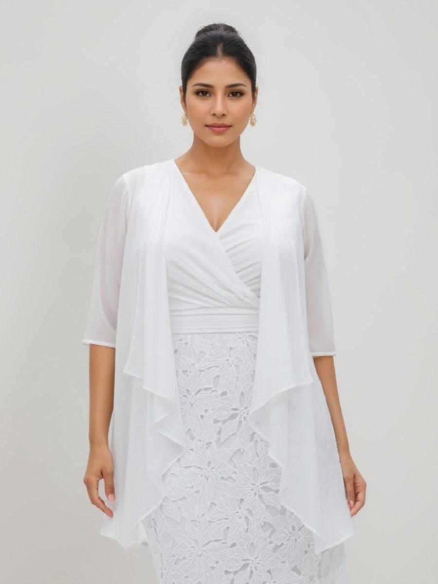 Sheath/Column V-Neck Knee-Length Mother Of The Bride Dresses With Jacket Half Sleeves Lace BabaMila