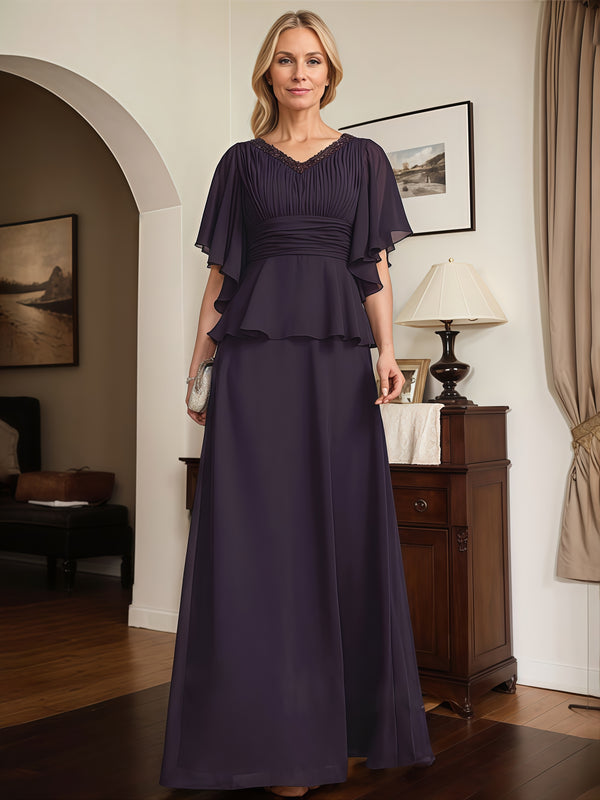 V-Neck Flutter Straps A-Line Floor-Length Chiffon Mother of the Bride Dress With Pleated/Beads/Belt BabaMila