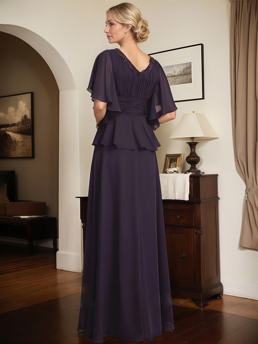 V-Neck Flutter Straps A-Line Floor-Length Chiffon Mother of the Bride Dress With Pleated/Beads/Belt BabaMila