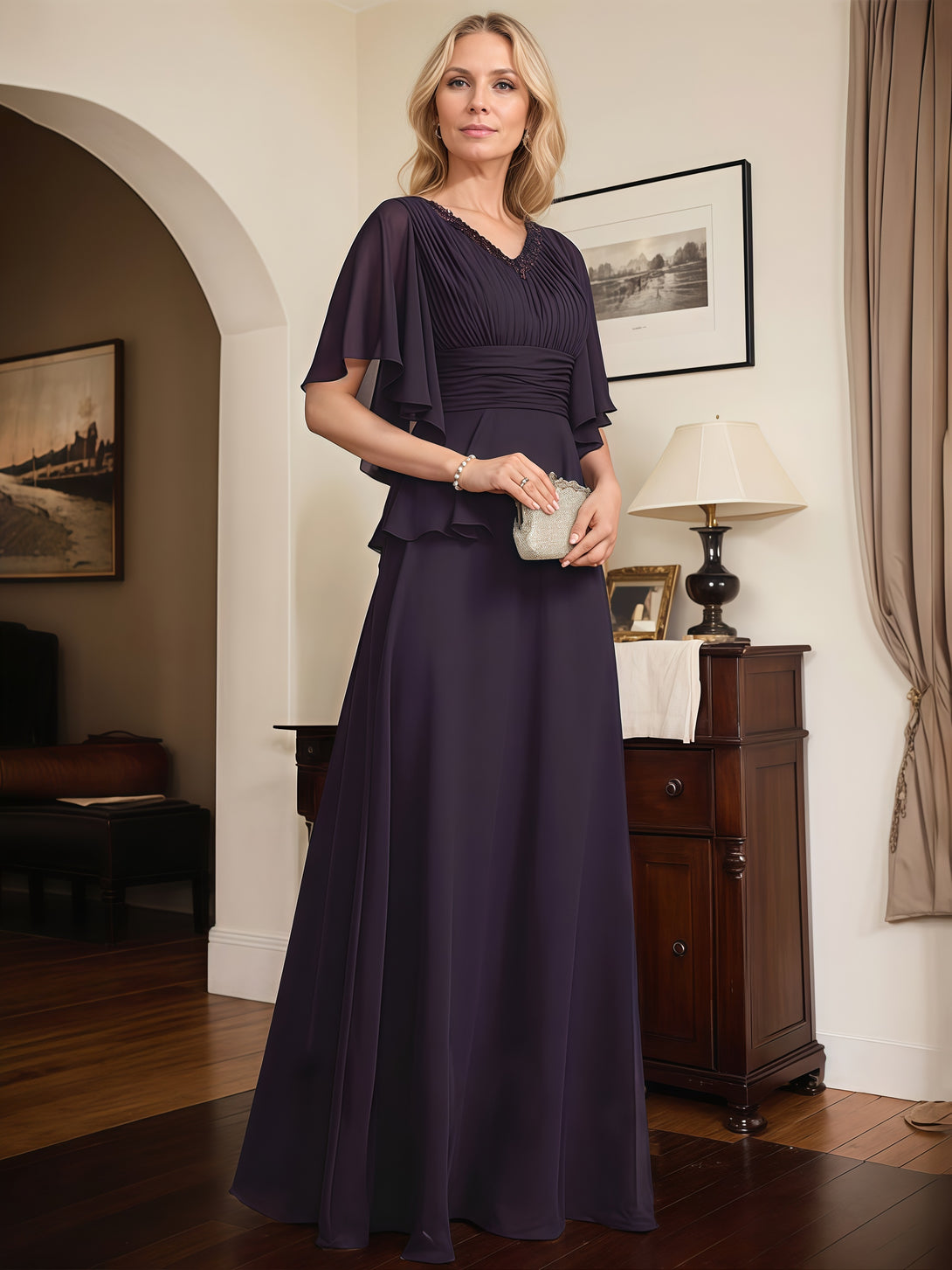 V-Neck Flutter Straps A-Line Floor-Length Chiffon Mother of the Bride Dress With Pleated/Beads/Belt BabaMila