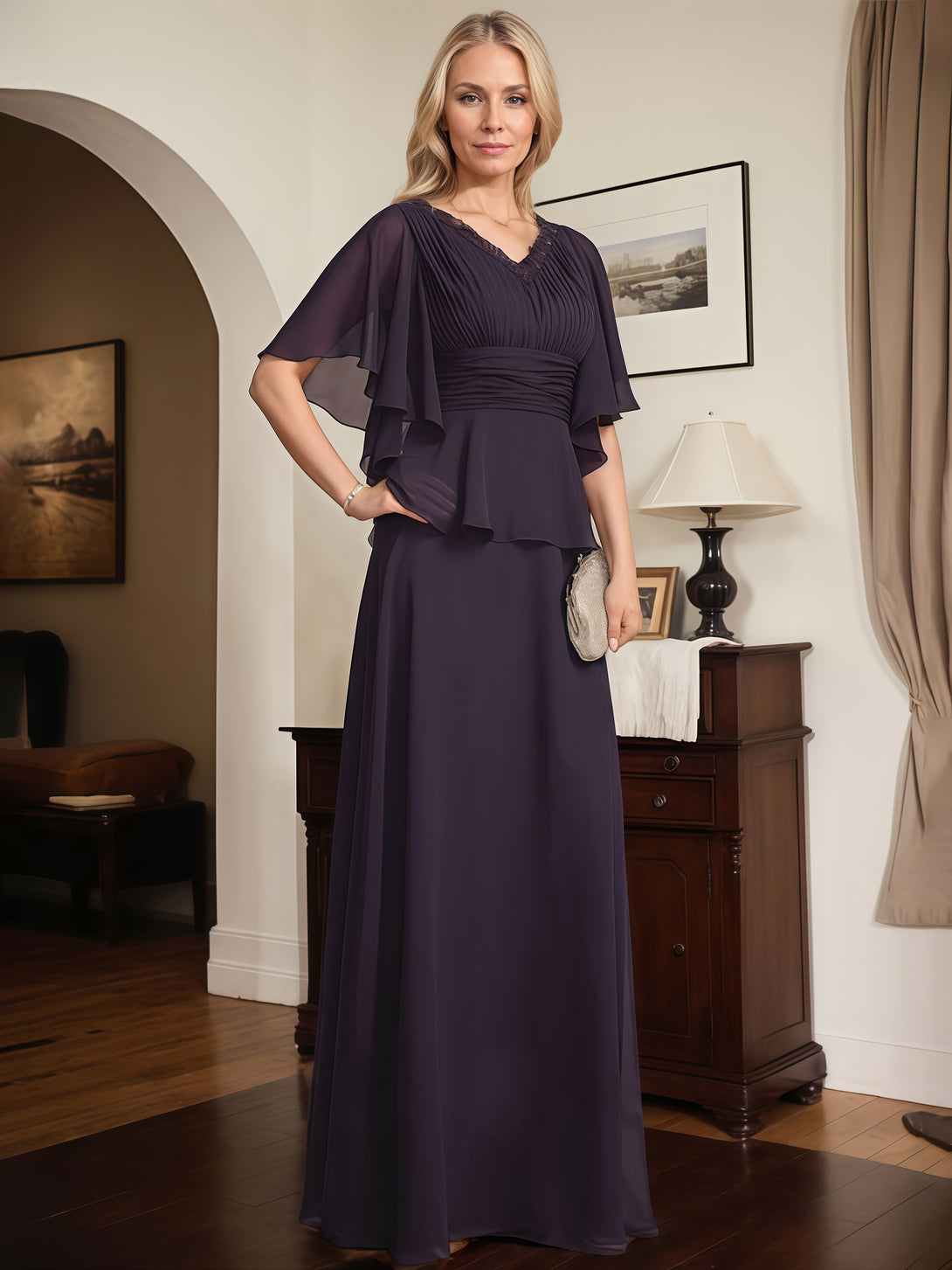 V-Neck Flutter Straps A-Line Floor-Length Chiffon Mother of the Bride Dress With Pleated/Beads/Belt BabaMila
