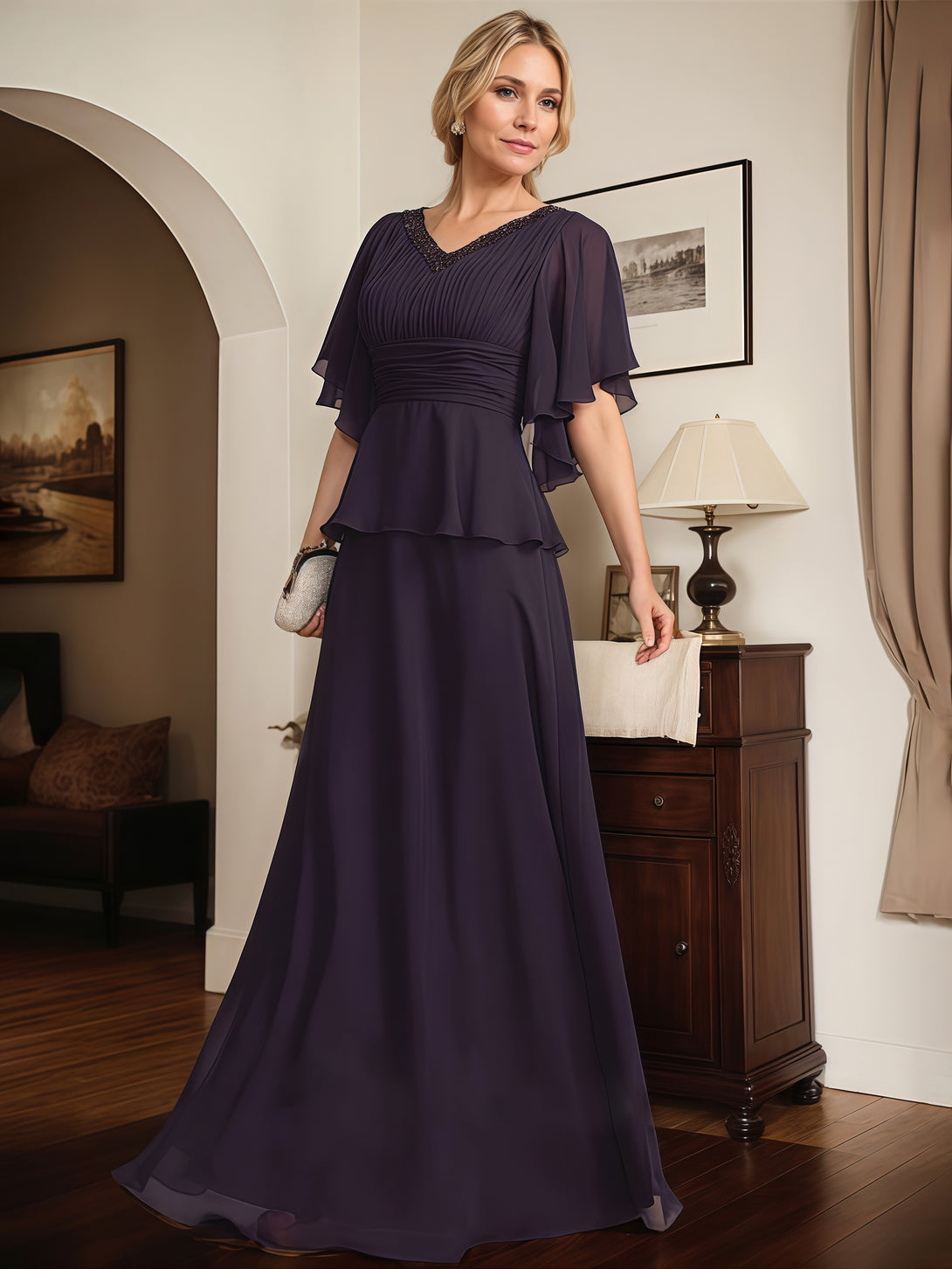 V-Neck Flutter Straps A-Line Floor-Length Chiffon Mother of the Bride Dress With Pleated/Beads/Belt BabaMila