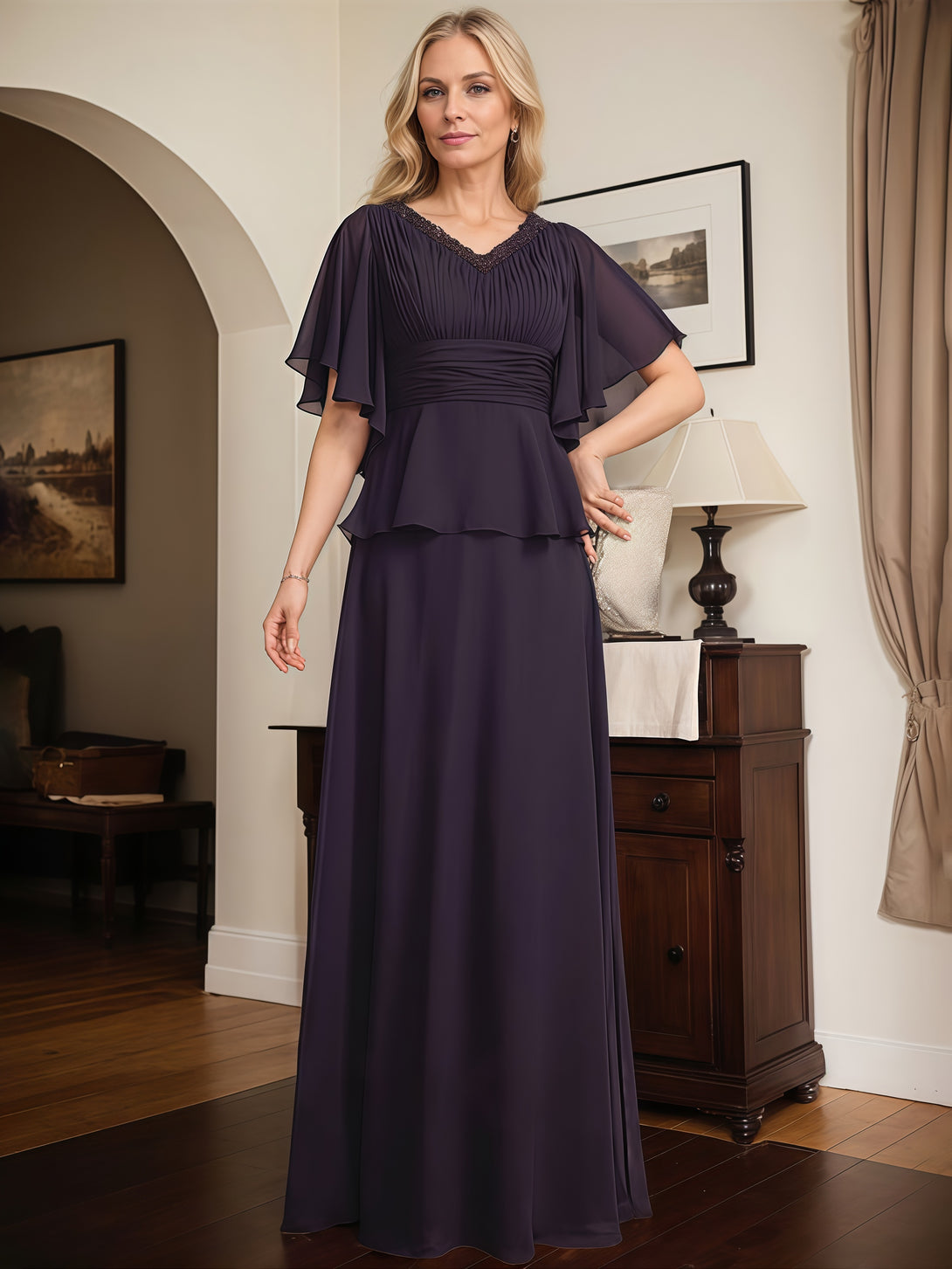 V-Neck Flutter Straps A-Line Floor-Length Chiffon Mother of the Bride Dress With Pleated/Beads/Belt BabaMila