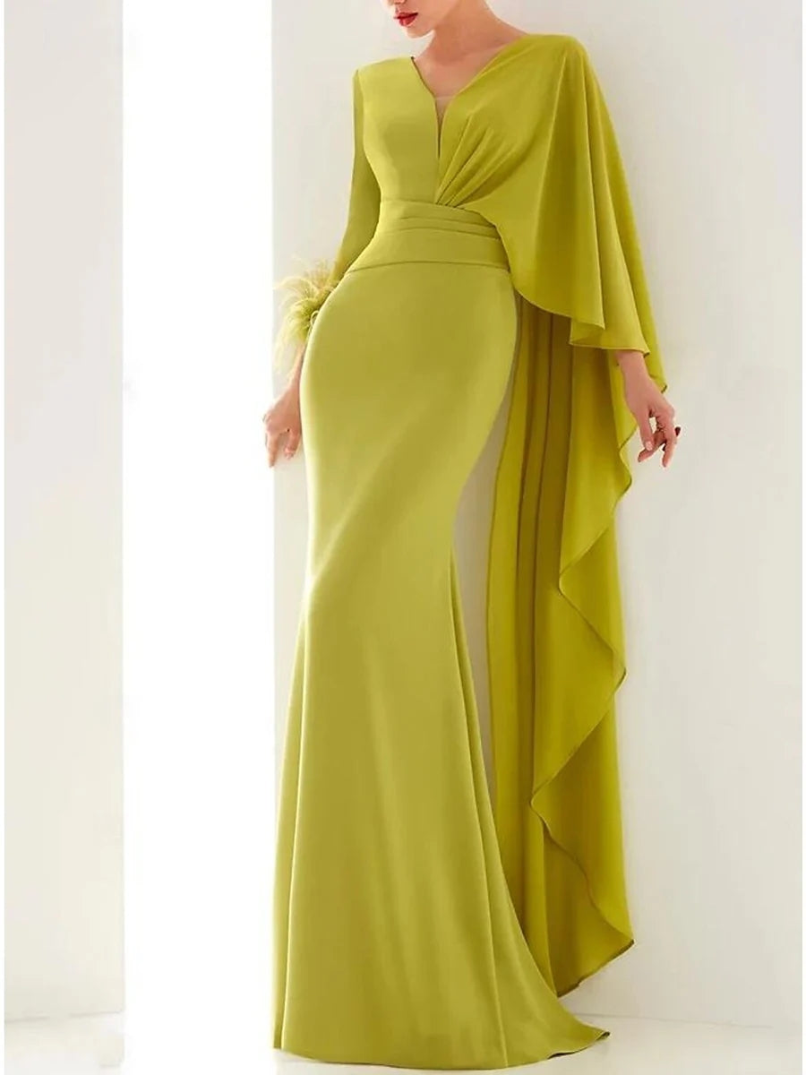 Trumpet/Mermaid V-Neck Long Sleeves Floor-Length Evening Dresses with Feather, Ruffles & Ruched BabaMila