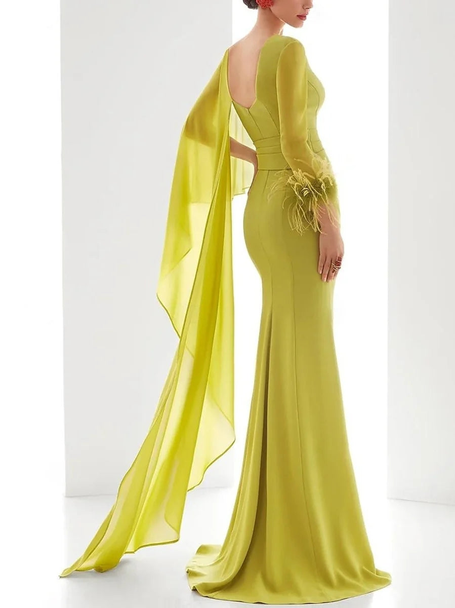 Trumpet/Mermaid V-Neck Long Sleeves Floor-Length Evening Dresses with Feather, Ruffles & Ruched BabaMila