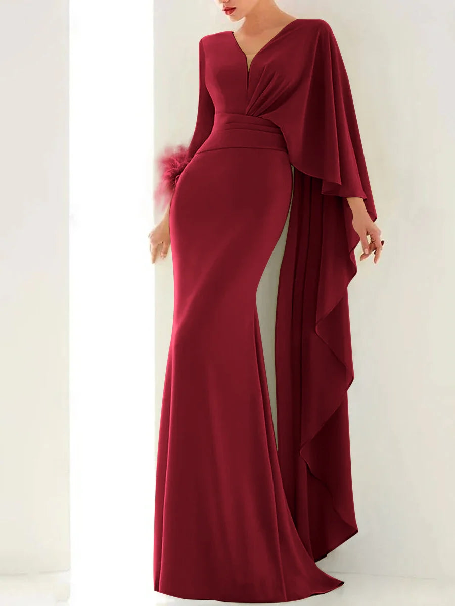 Trumpet/Mermaid V-Neck Long Sleeves Floor-Length Evening Dresses with Feather, Ruffles & Ruched BabaMila