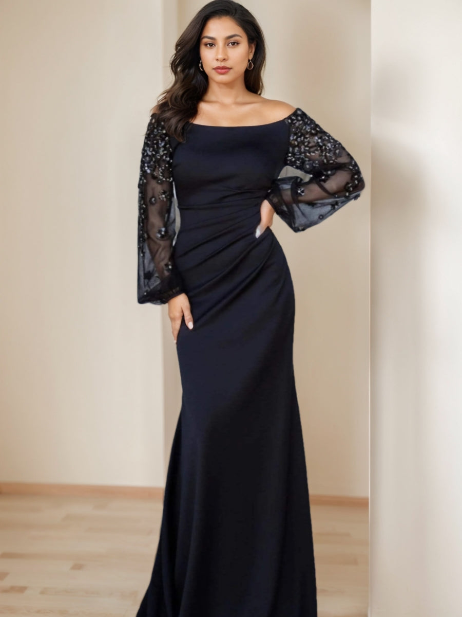 Sheath/Column Scoop Floor-Length Mother Of The Bride Dresses Long Sleeves Pleats BabaMila