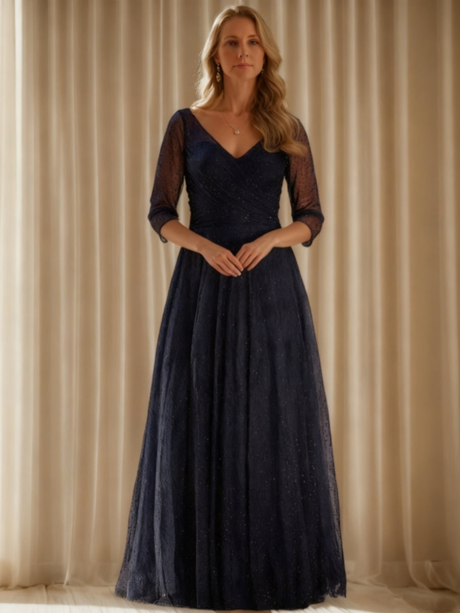 A-Line/Princess V-Neck Floor-Length Mother Of The Bride Dresses 3/4 Sleeves Sequins BabaMila