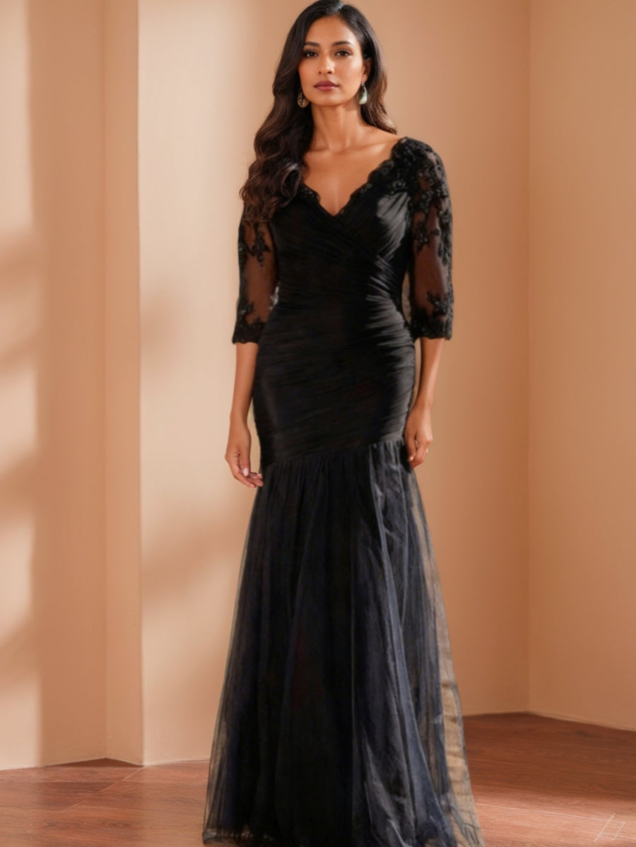 Trumpet/Mermaid V-Neck 3/4 Sleeves Mother Of The Bride Dresses Floor-Length Ruched BabaMila