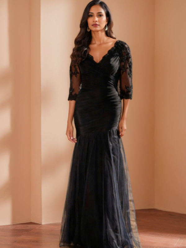 Trumpet/Mermaid V-Neck 3/4 Sleeves Mother Of The Bride Dresses Floor-Length Ruched BabaMila